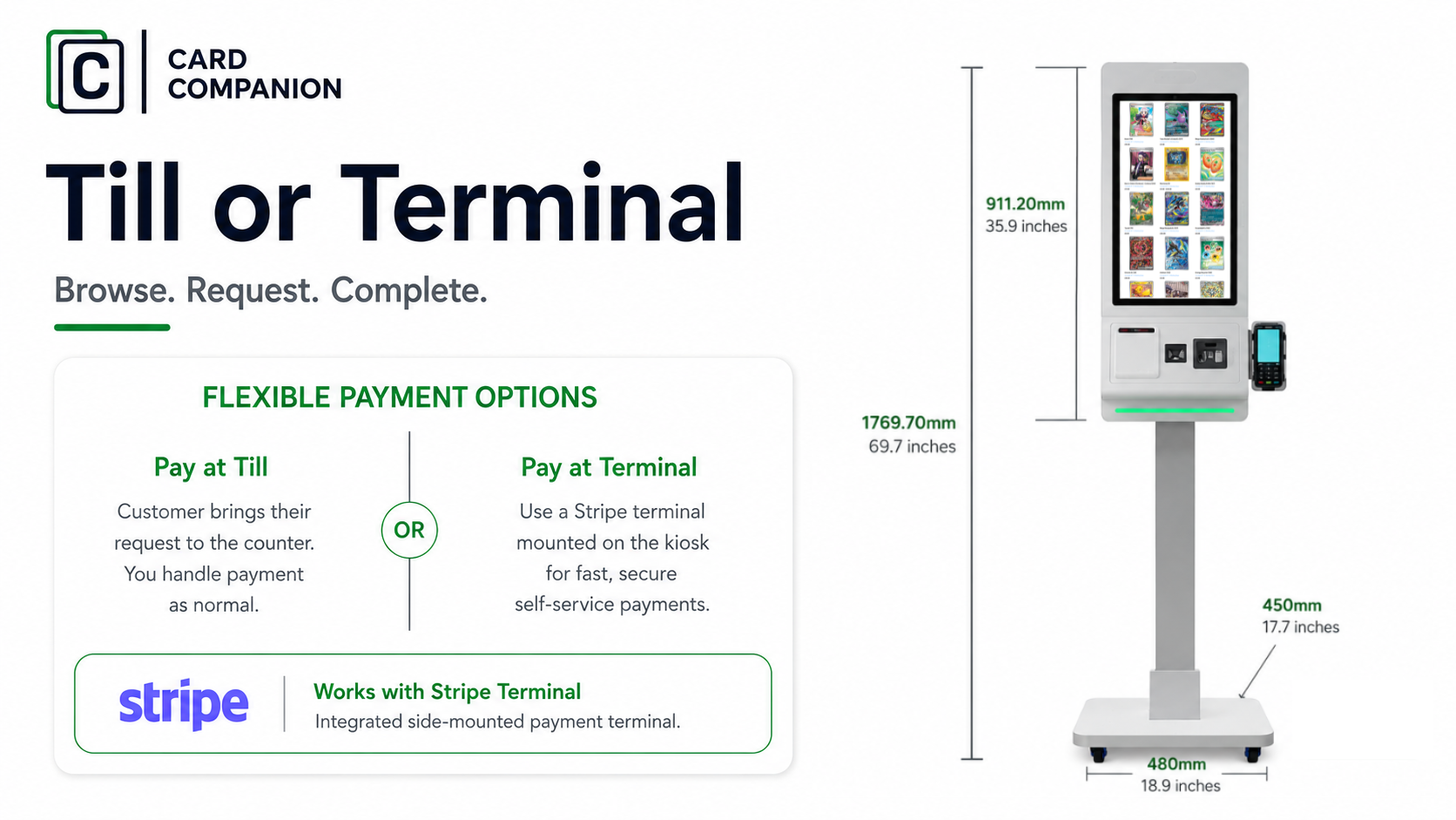 Card Companion Store Kiosk payment options showing pay at the till or at a terminal