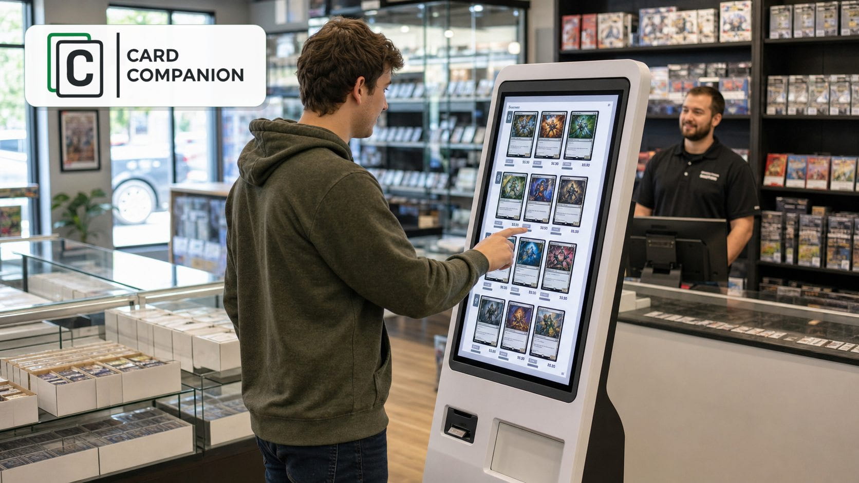 Customer browsing a trading card store's Shopify singles catalogue on a Card Companion kiosk