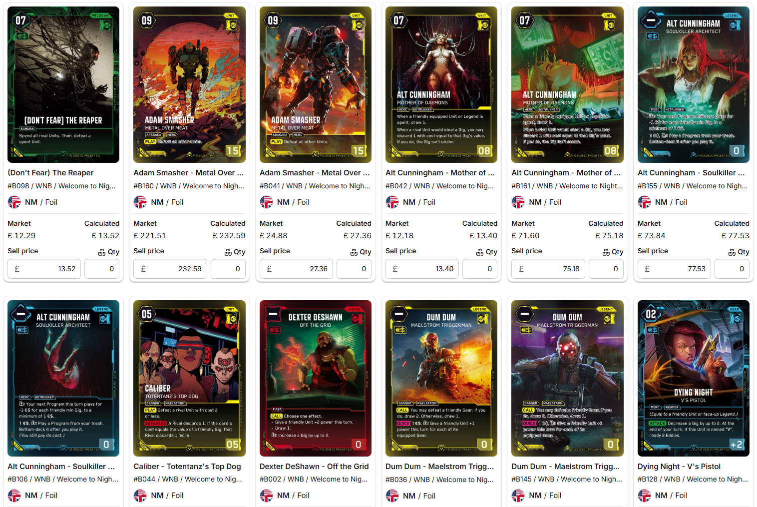 Cyberpunk singles in Card Companion with card variants, market prices, selling prices and stock quantities