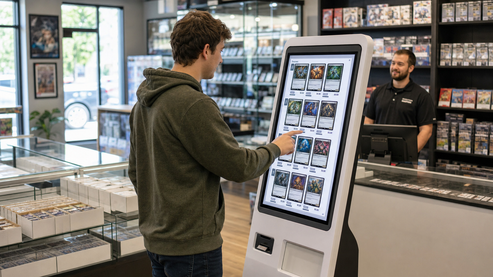In-store kiosk system for trading card singles