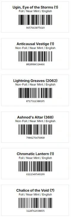Browser print run containing six barcode labels prepared for card variants