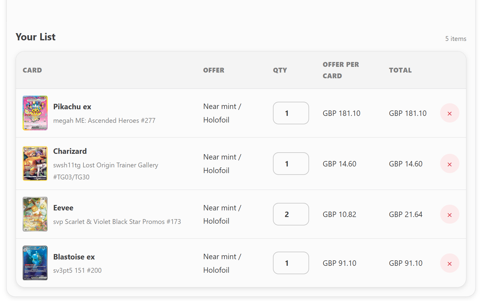 Card Companion buylist in a Shopify storefront, showing a customer's selected cards with quantities and the estimated cash and store-credit offers side by side