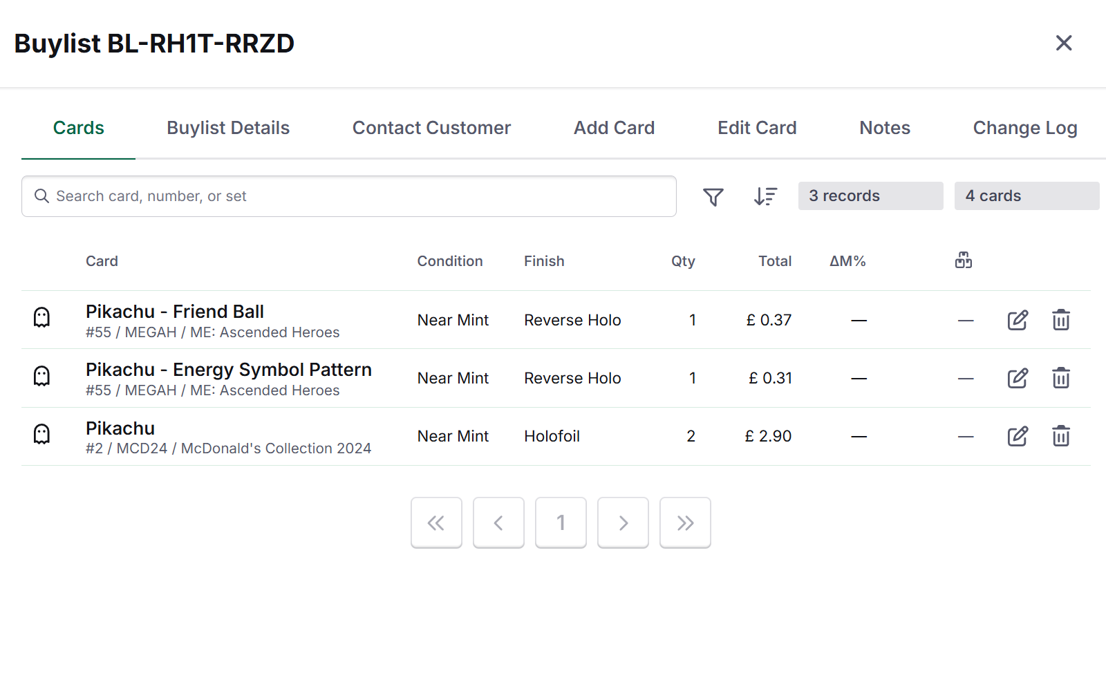 Card Companion buylist submission open for review, showing the customer's card list with condition, language, finish and quantity alongside the estimated totals and chosen payout