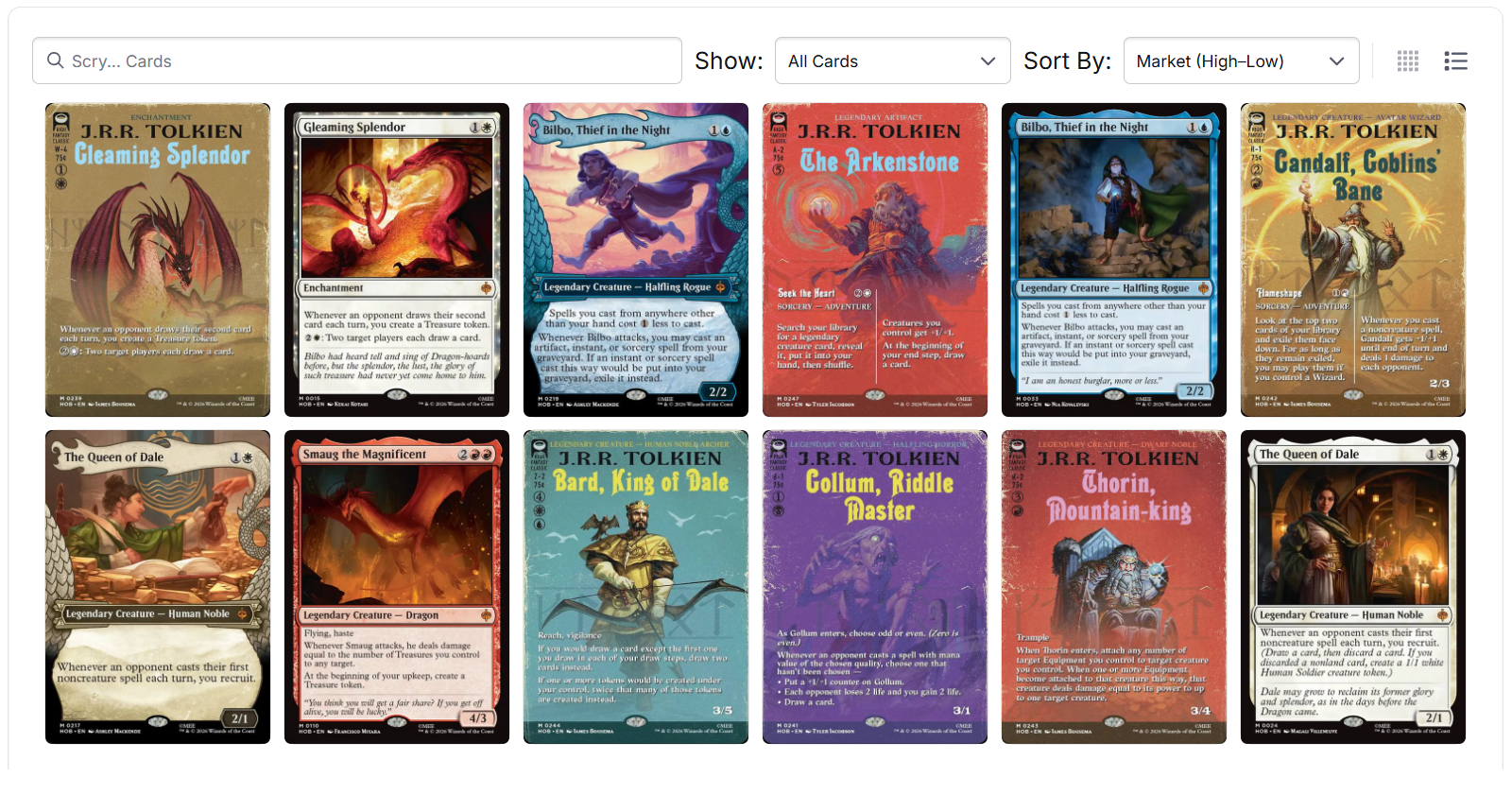 Card Companion set browser for The Hobbit, showing every card in the set sorted by market value from high to low