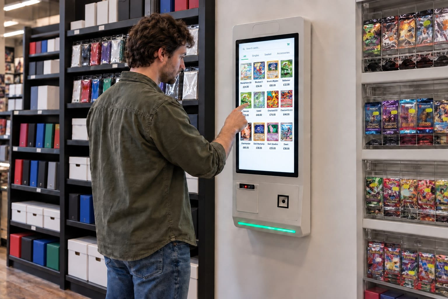 Illustration of a customer using a white kiosk with a green light to browse singles beside card shop shelving