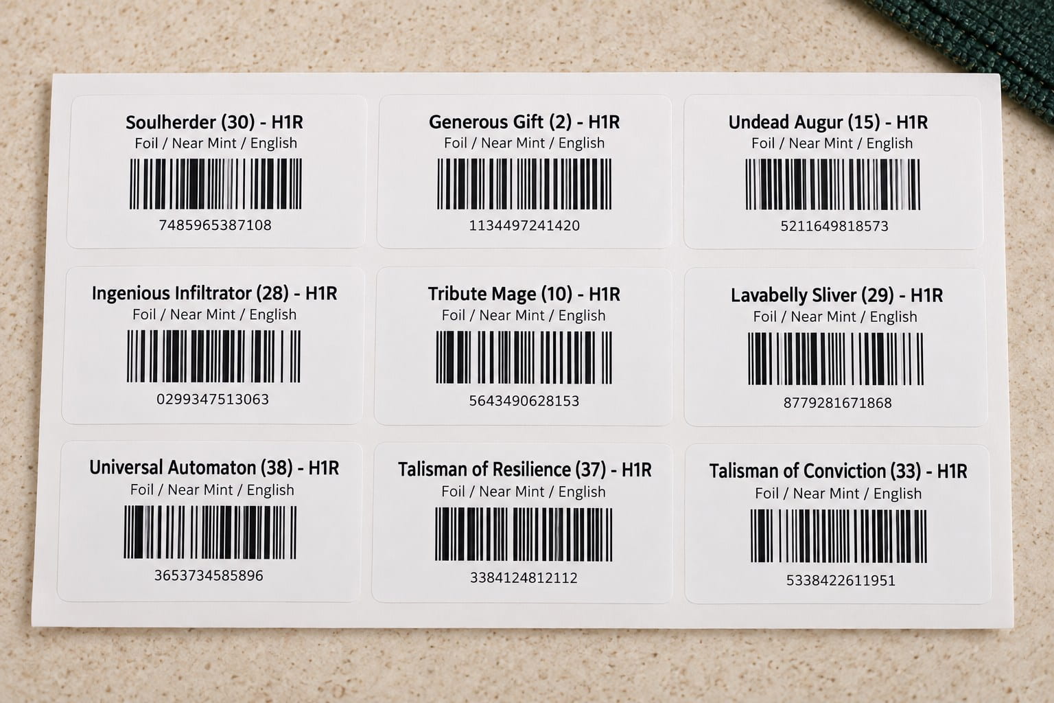 Nine different card labels, including Soulherder, Generous Gift and Tribute Mage, each with its own name, variant details and barcode