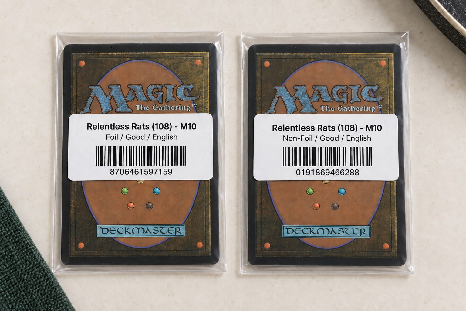 Two penny-sleeved card backs with Relentless Rats labels: Good English Foil and Non-Foil variants, each with its own barcode