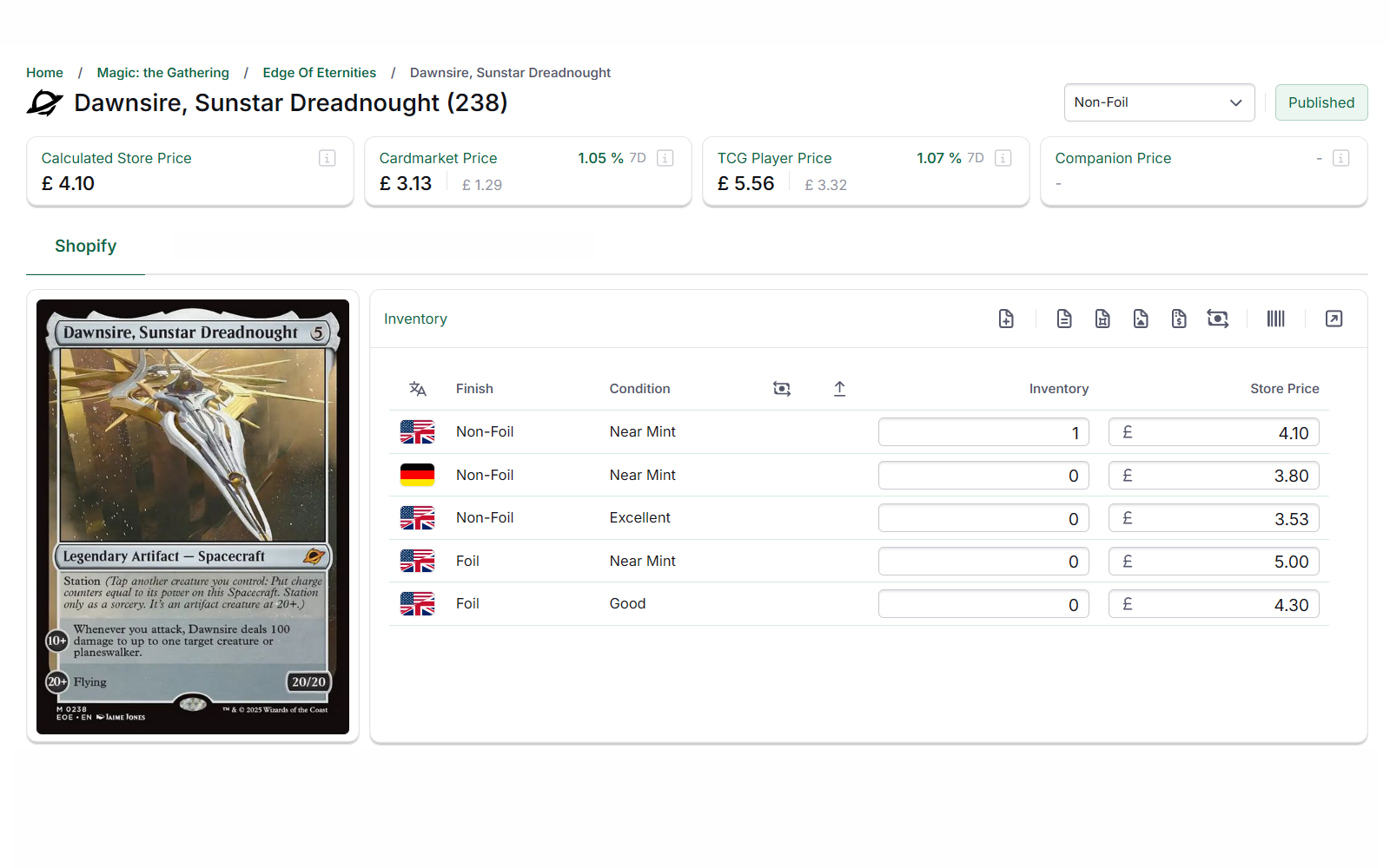 Card Companion record for Dawnsire, Sunstar Dreadnought showing separate non-foil and foil variants by language and condition, with stock and store price for each