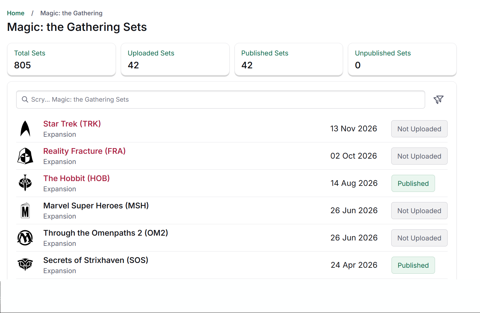 Card Companion Magic set list with totals for uploaded and published sets, and a published or not uploaded status beside each set