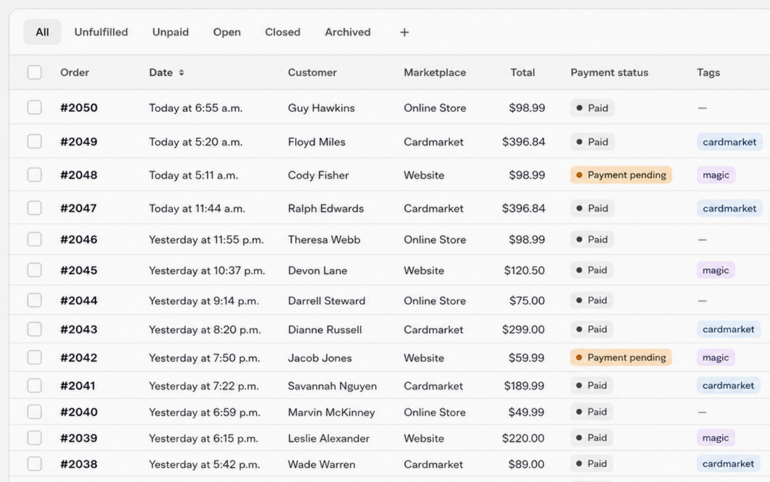 Shopify Orders admin showing marketplace orders from Cardmarket, eBay, Amazon, TCGplayer and Etsy with their marketplace order IDs and tags